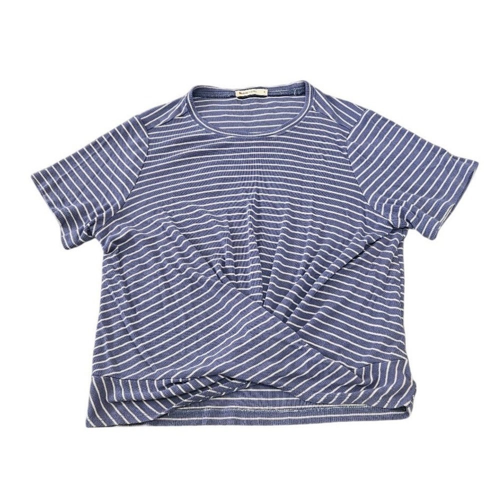 Marine Layer Women Blue White Striped Ribbed Wrap Front Short Sleeve Top Small